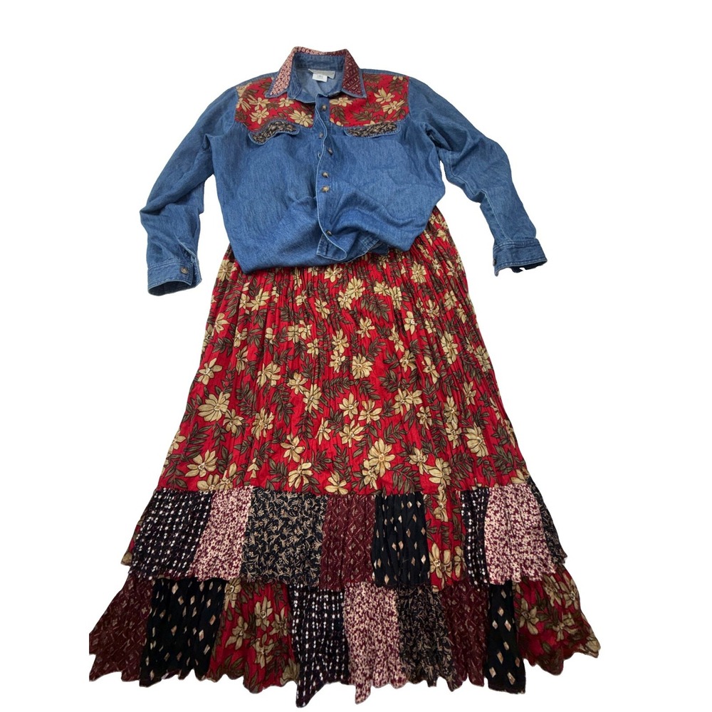Vintage 1990s Stonebridge blue Red patchwork denim & Skirt Set S